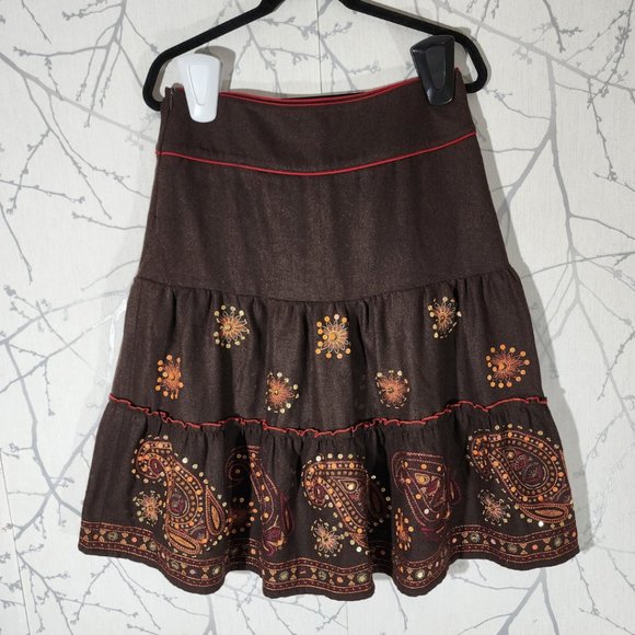 Babilong Brown Wool Blend Paisley Sequin Tiered Midi Skirt - Picture 1 of 5